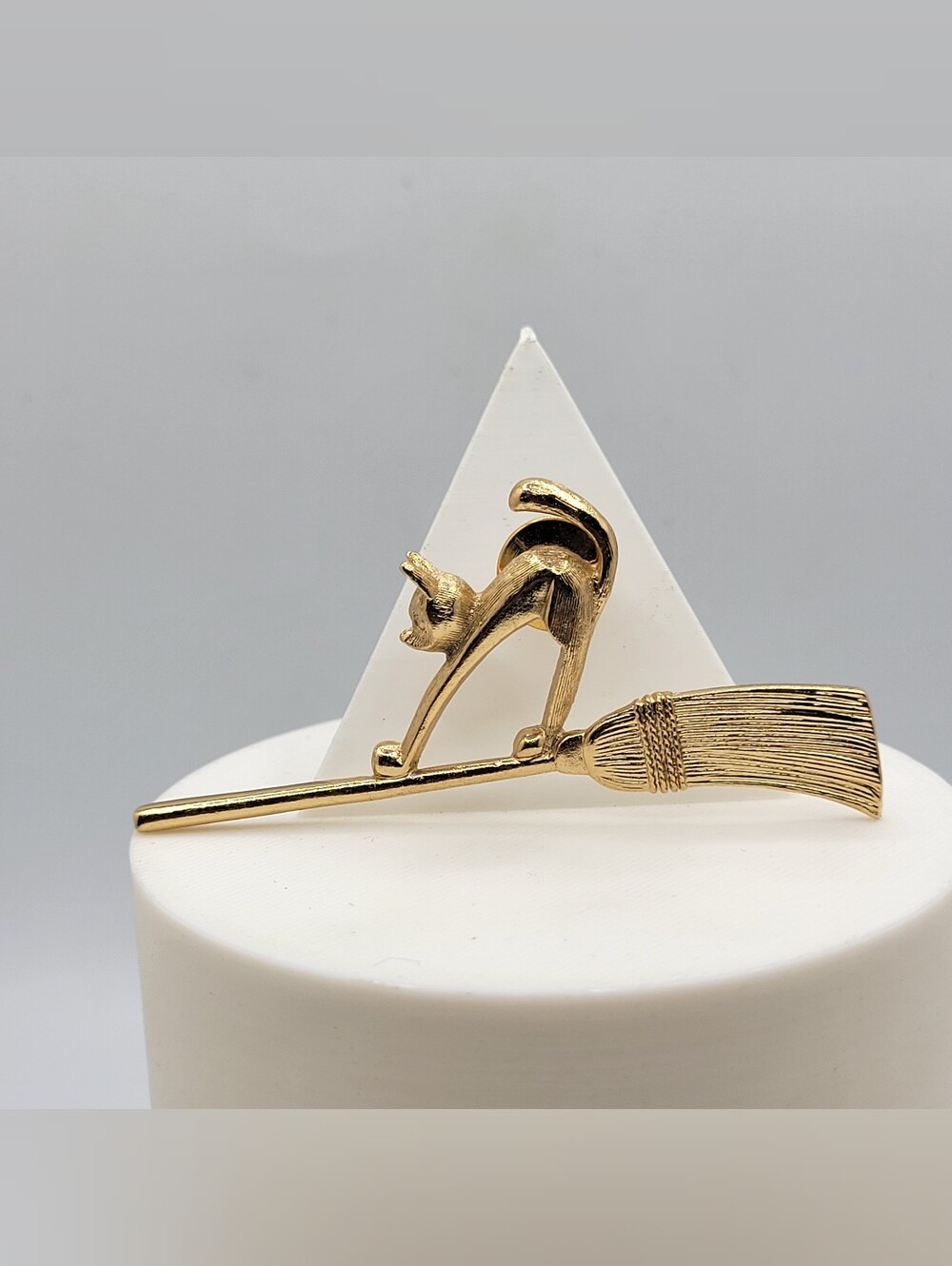 Gold-Tone Cat on Broomstick Pin